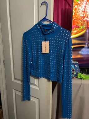 SHEIN Electric Blue Studded Long Sleeve Crop Top